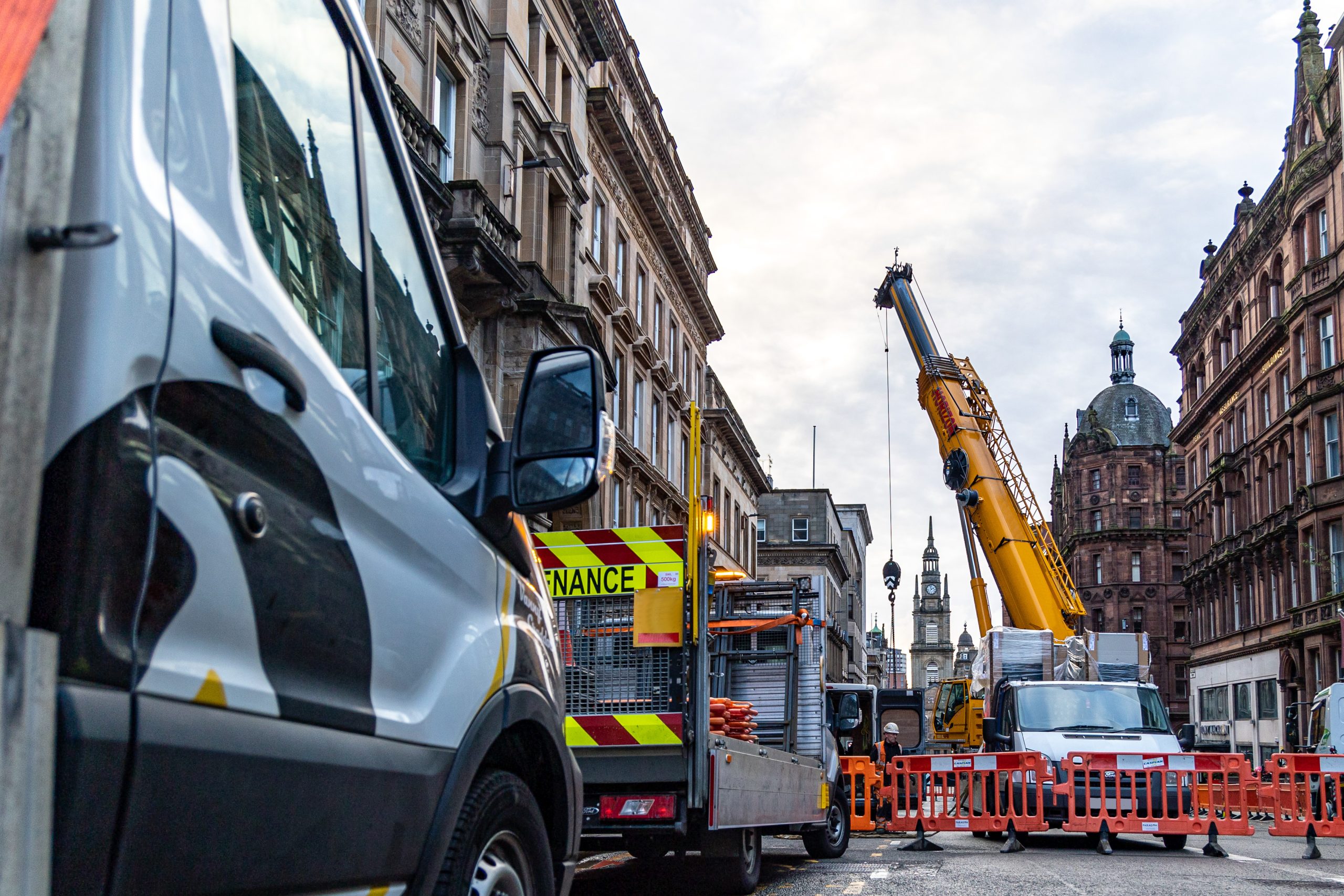 Crane working within work site set up by Paragon traffic management in Scotland